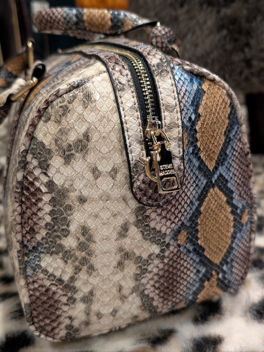 Snake-Print Satchel Bag in Beige & Blue with Tassel - Steve Madden - Picture 4 of 6